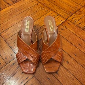 Paris Texas Tan Croc-Embossed Leather Crisscross Slide Mules